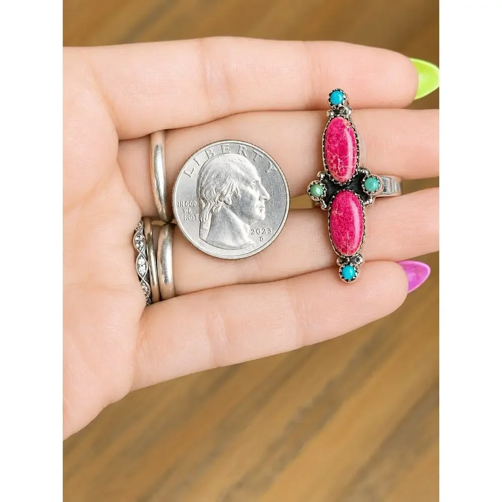 Sterling Silver Southwestern Turquoise & Pink Jasper Ring Adjustable 6.5-8.5
